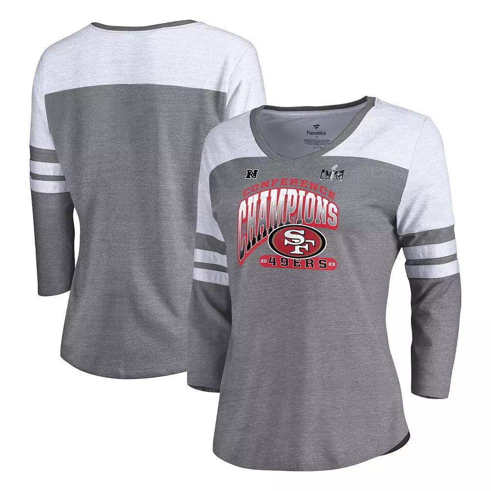 Women's Fanatics Branded  Heather Gray San Francisco 49ers 2023 NFC Champions Hail Mary Tri-Blend 3/4-Sleeve V-Neck T-Shirt, Size: Large, Grey Product Image