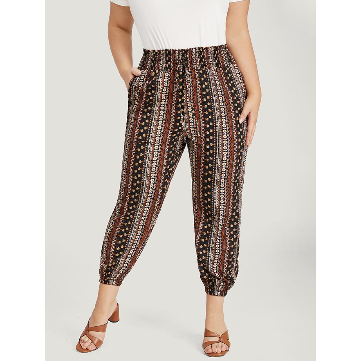 Plus Size Bandana Print Pocket Shirred Ties Pants Women BlackFlower Vacation High Rise Dailywear Pants BloomChic 12/L Product Image