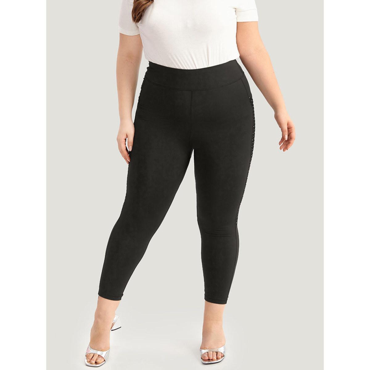 Plus Size Patchwork Glitter Pocket Leggings Women Black Elegant High stretch Skinny High Rise Dailywear Leggings BloomChic 12/L Product Image