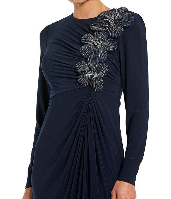 Mac Duggal Jersey High Neck Long Sleeves 3D Beaded Floral Shoulder Column Gown Product Image