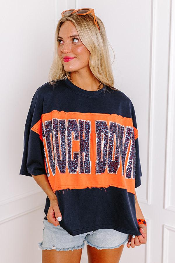 It's a Touch Down Sequin Oversized Tee in Navy/Orange Product Image