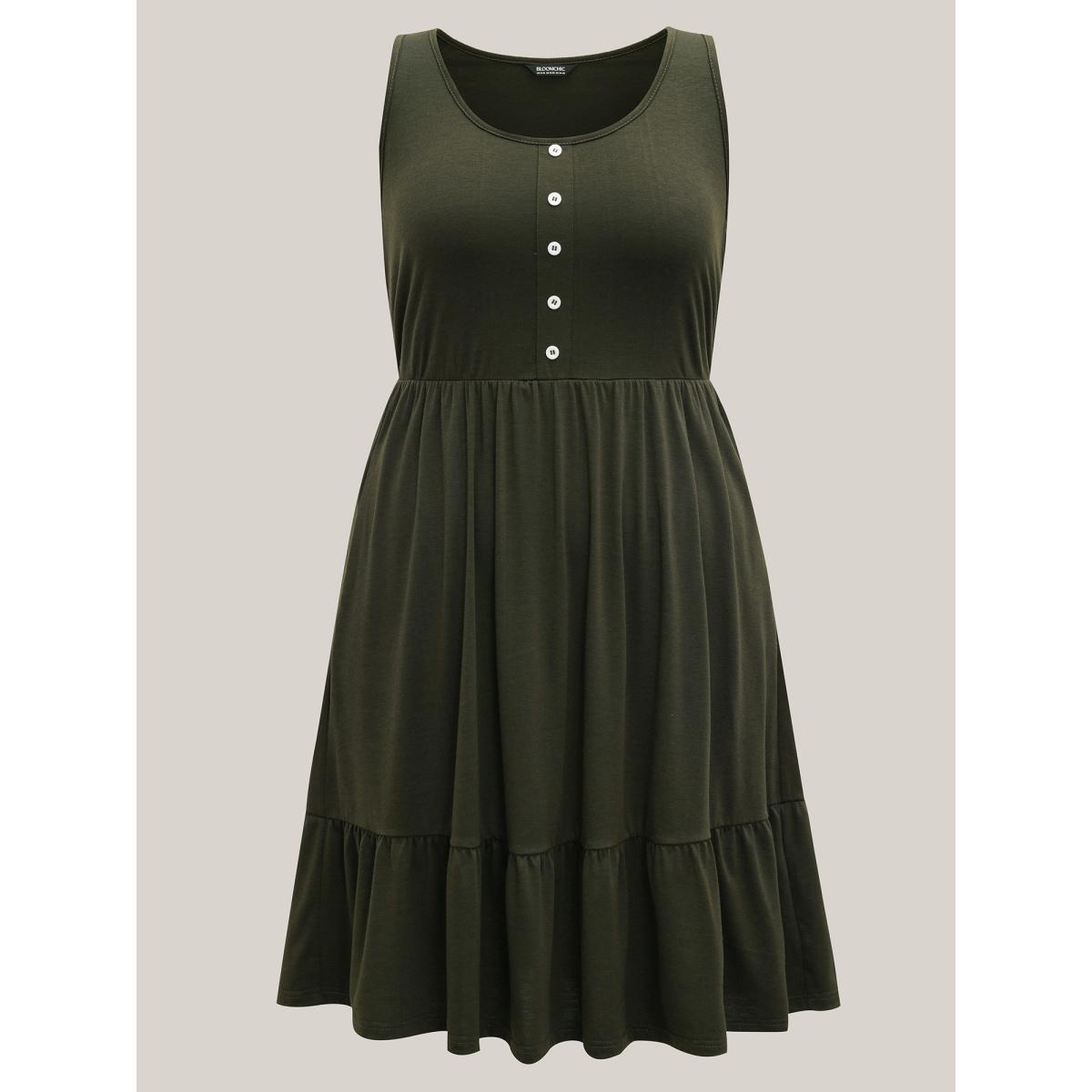 Plus Size Supersoft Stretchy Waist Pockets Midi Dress ArmyGreen Women Leisure Button Knit Dresses Bloomchic 28/5X Product Image