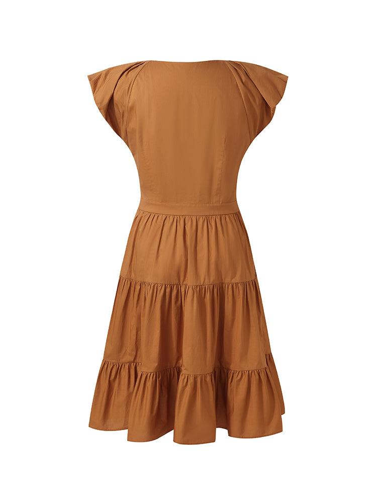 100% Cotton Ruffle Sleeve Gathered Waist Women Mini Dress Product Image