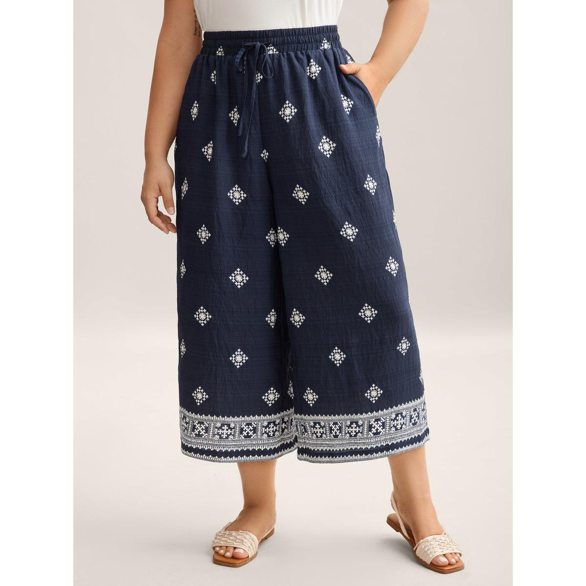 Plus Size Geometric Print Tied Wide-Leg Pants Women Indigo Boho Wide Leg Mid Rise Vacation Pants BloomChic 18-20/2X Product Image