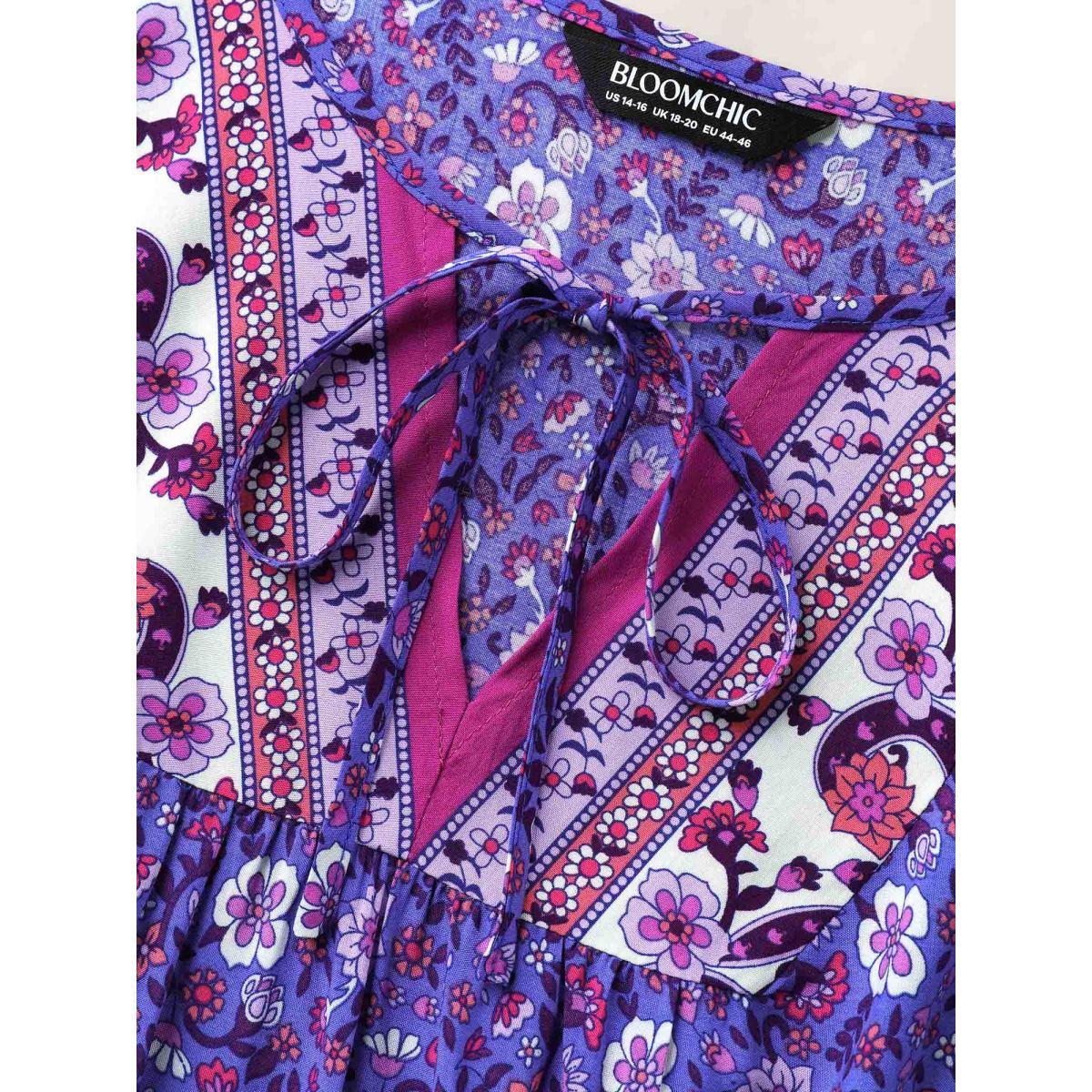 Plus Size BlueViolet Boho Floral Print Neck Tie Blouse Women Boho Short sleeve Notched collar Vacation Blouses BloomChic 14-16/1X Product Image