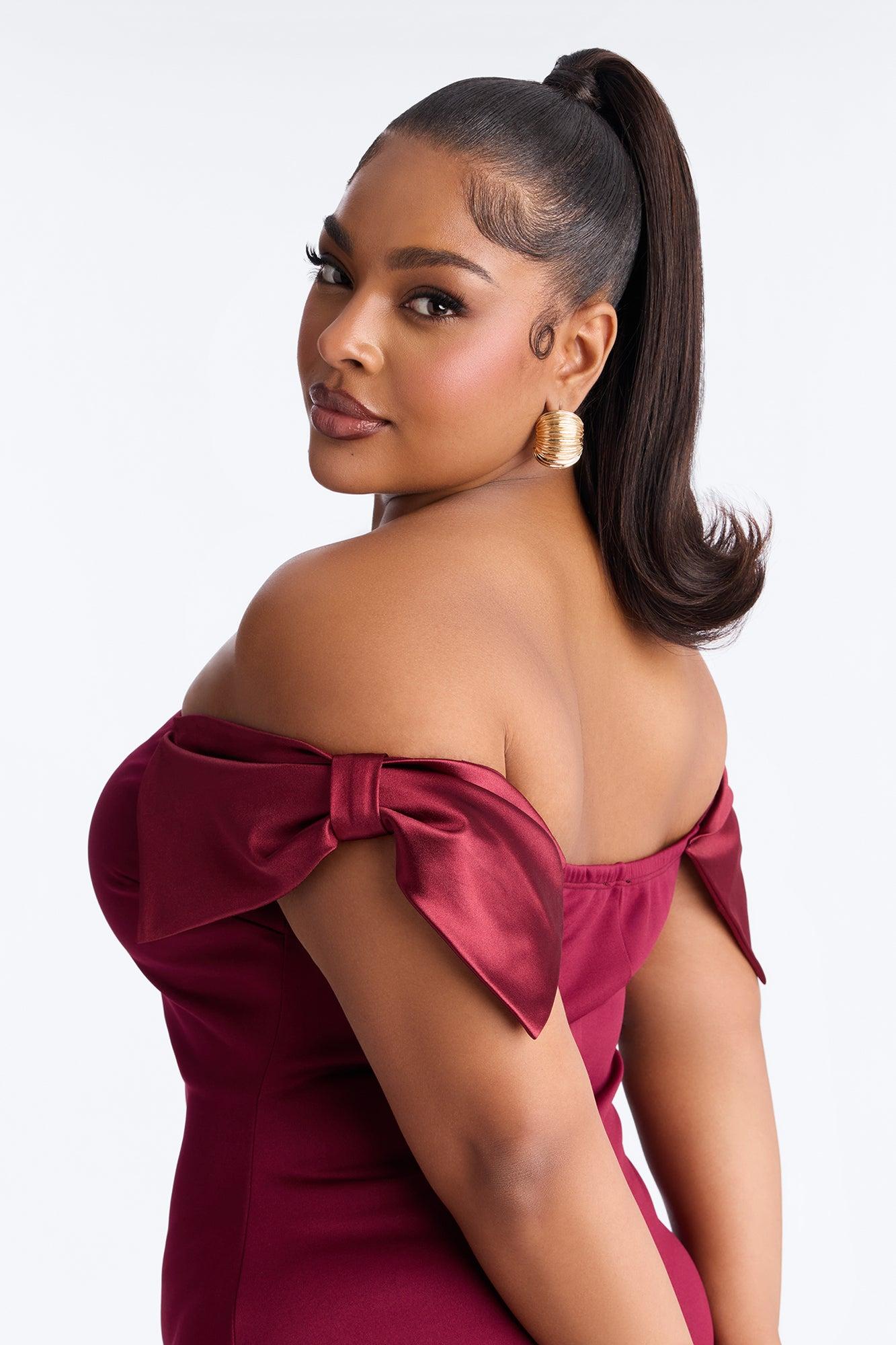 Wrap Me In A Bow Off Shoulder Scuba Midi Dress - Burgundy Female Product Image