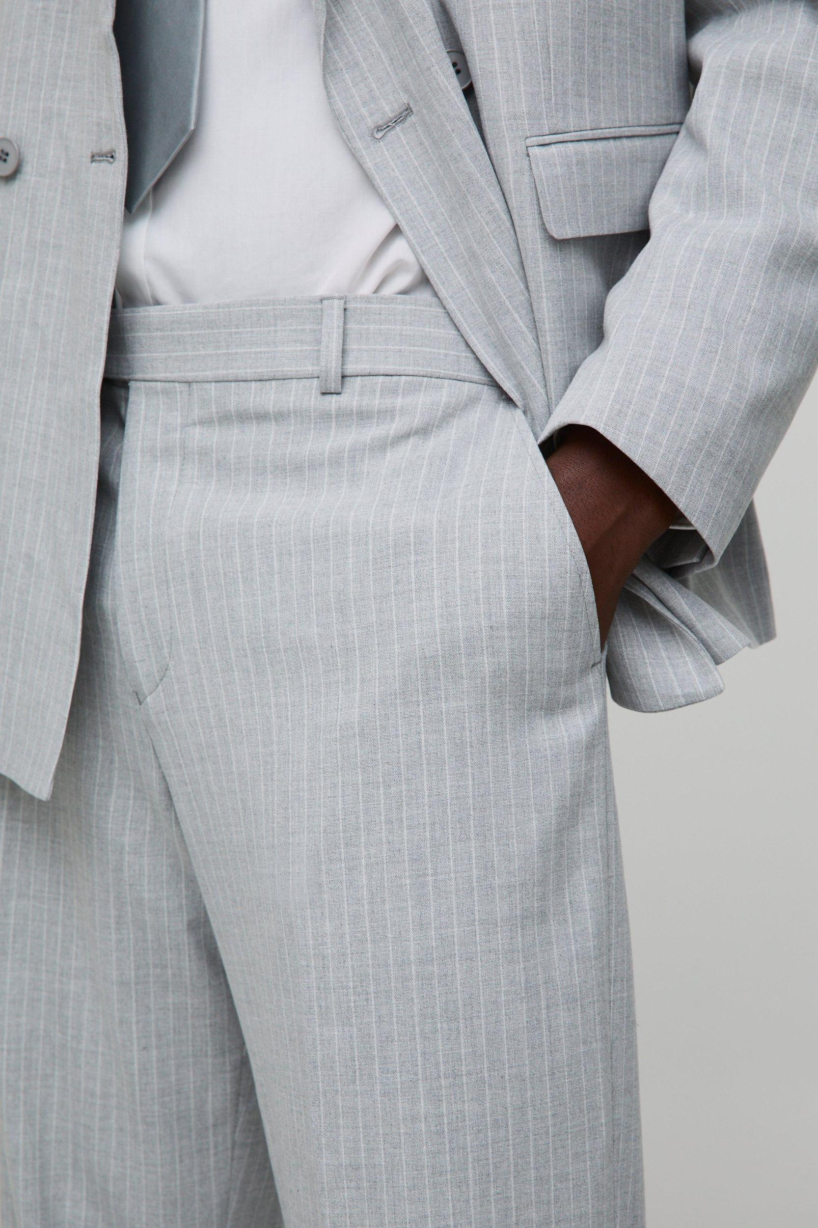 Relaxed Fit Fixed Waistband Pinstripe Suit Pants | boohooMAN USA Product Image