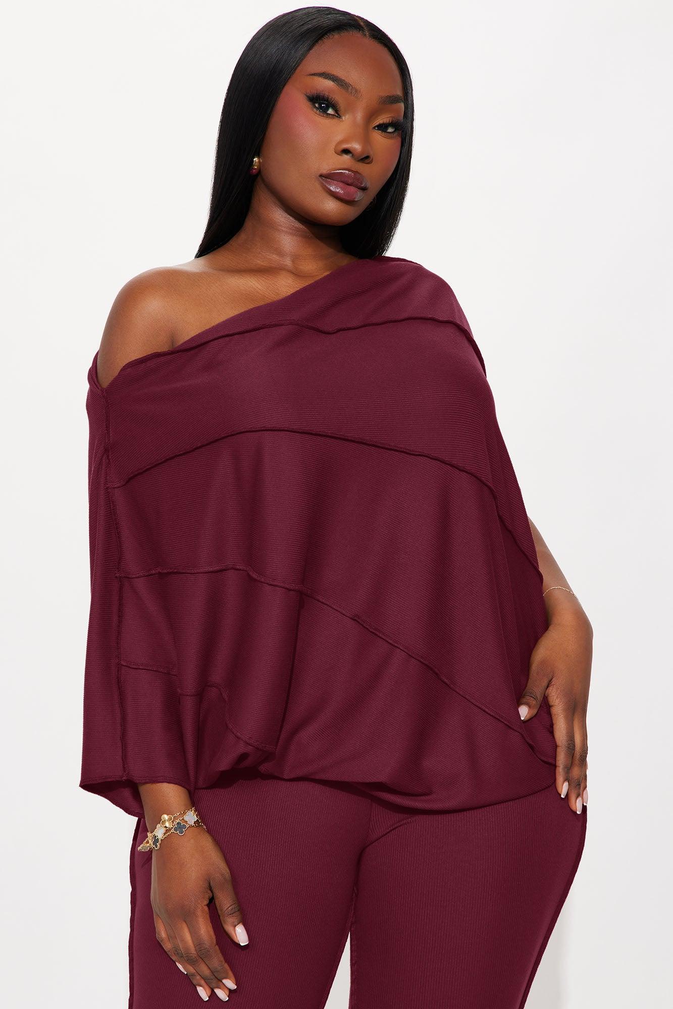Becca Off Shoulder Ribbed Pant Set - Burgundy Female Product Image