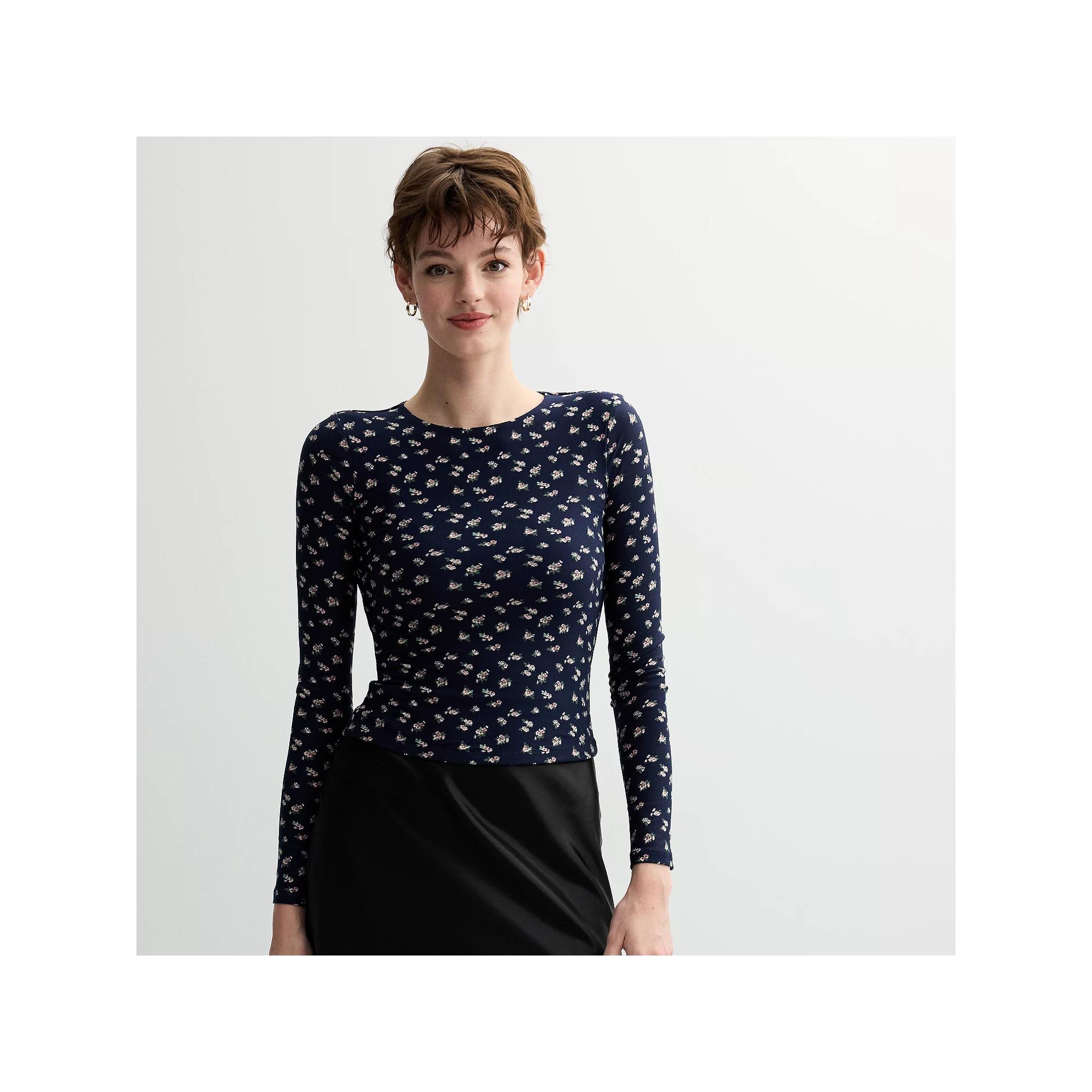 Juniors' Harper & Ivy Long Sleeve Yummy Contour Crew Neck Top, Women's, Size: Large, Blue Print Product Image