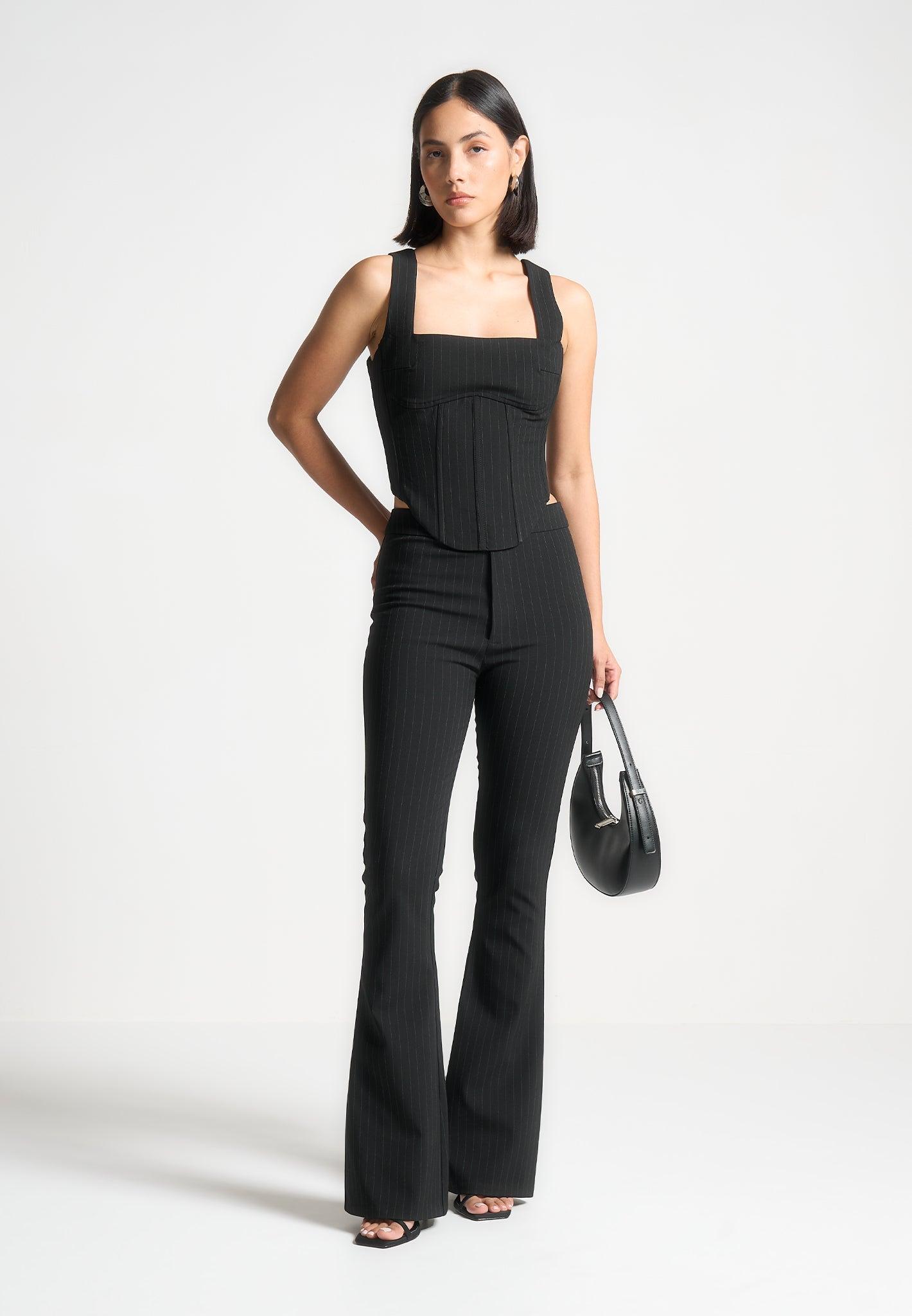 Square Neck Pinstripe Corset Top - Black Female Product Image