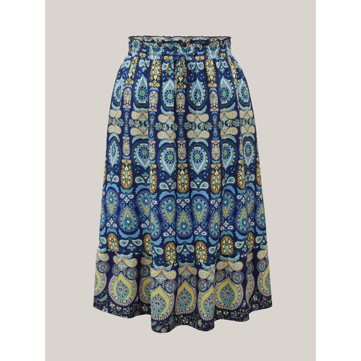 Plus Size Bohemian Floral Print Pleated Maxi Skirt Women Cerulean Resort Pleated Low stretch Slanted pocket Vacation Skirts BloomChic 30/6X Product Image