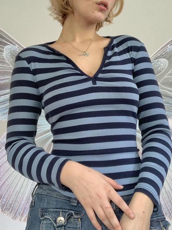 Striped V Neck Long Sleeve Tee Product Image