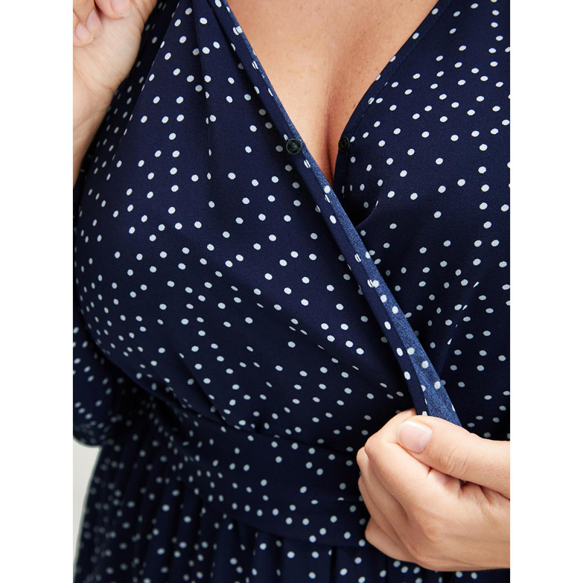 Plus Size DarkBlue Polka Dot Belted Lantern Sleeve Pocket Button Wrap Jumpsuit Women Elegant Long Sleeve V-neck Dailywear Loose Jumpsuits BloomChic 10/M Product Image
