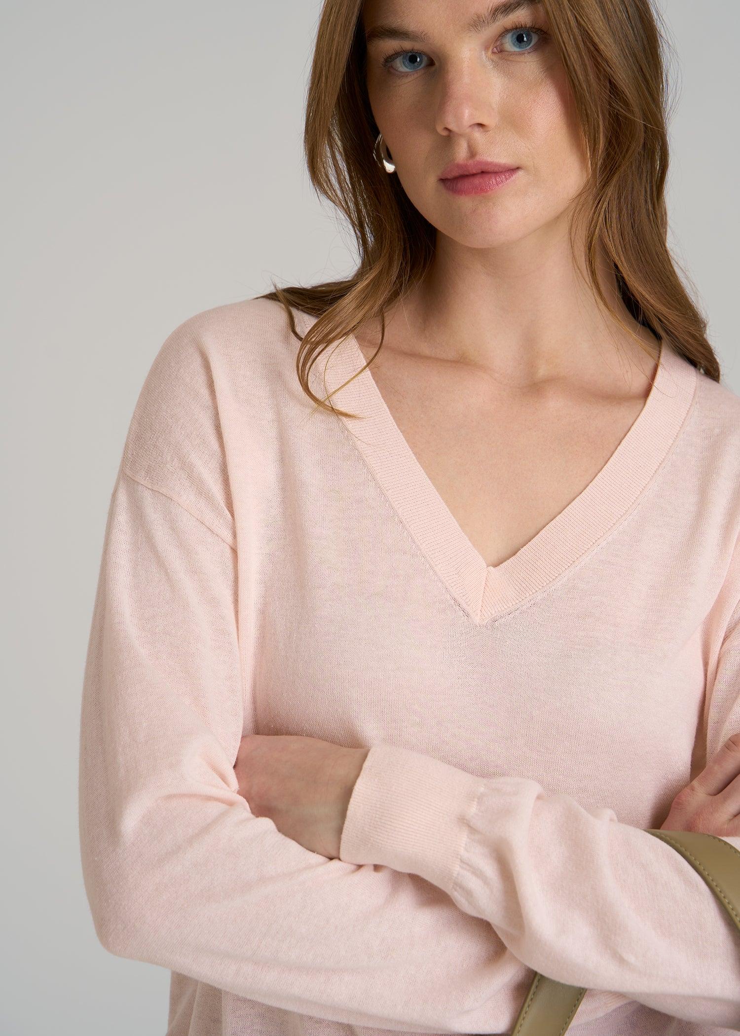 Linen Blend Split Hem V-Neck Sweater for Tall Women in Hush Pink Female Product Image