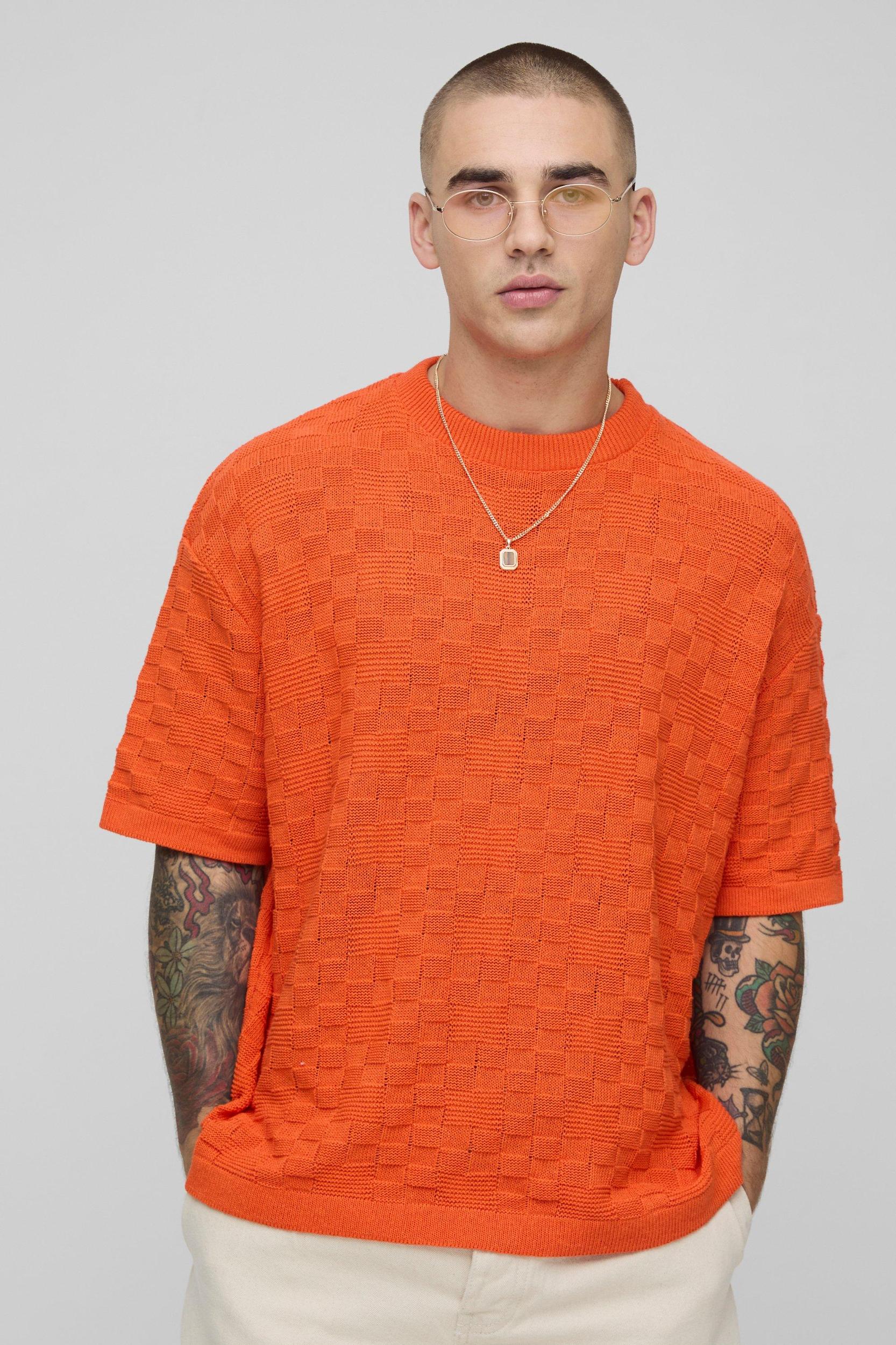 Oversized Geometric Stitch Knitted T-Shirt | boohooMAN USA Product Image