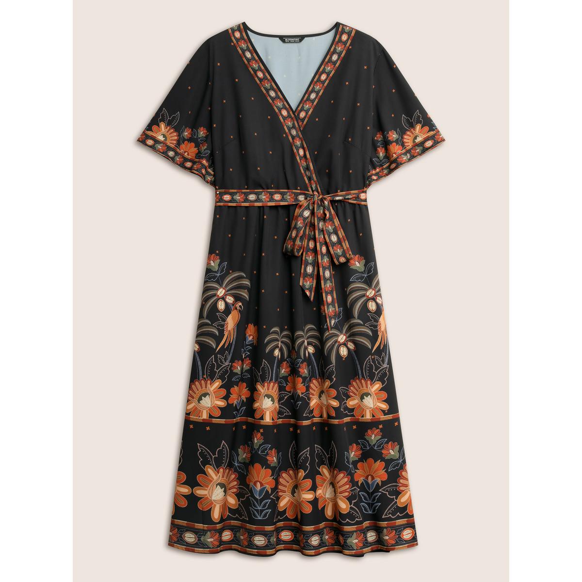 Plus Size Bandana Print Surplice Neck Flutter Sleeve Dress Black Women Resort Non V-neck Short sleeve Curvy Midi Dress BloomChic 10/M Product Image