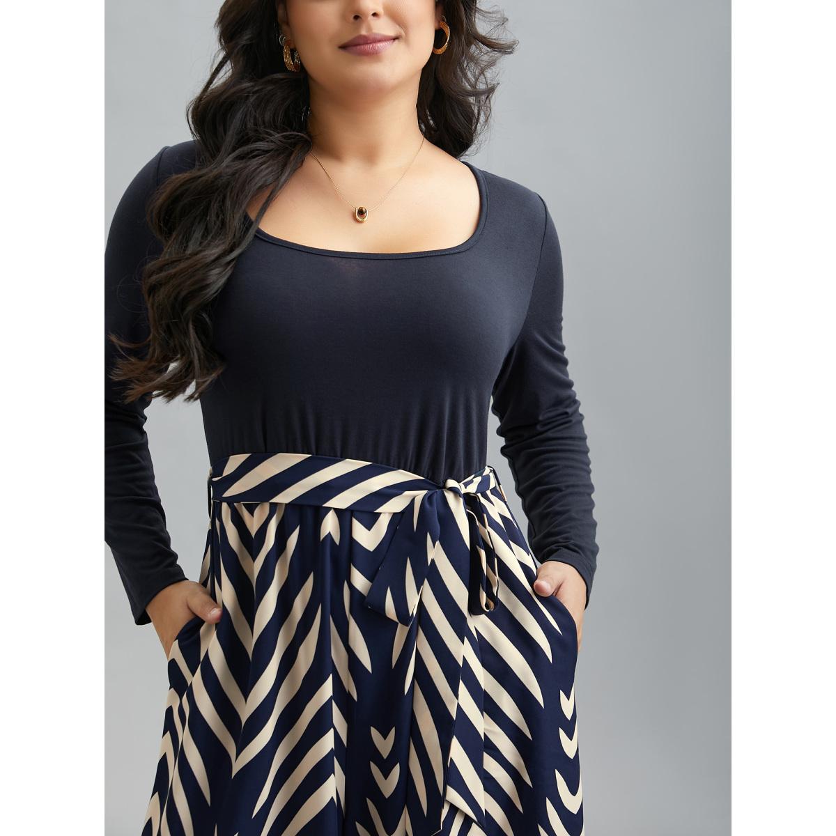 Plus Size DarkBlue Supersoft Geometric Block Stretchy-Waist Jumpsuit Women Elegant Long Sleeve Square Neck Everyday-Elegant Loose Jumpsuits BloomChic 28/5X Product Image