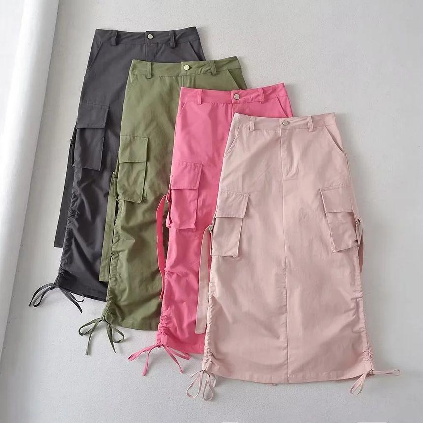 High Rise Plain Drawstring Midi A-Line Cargo Skirt Product Image