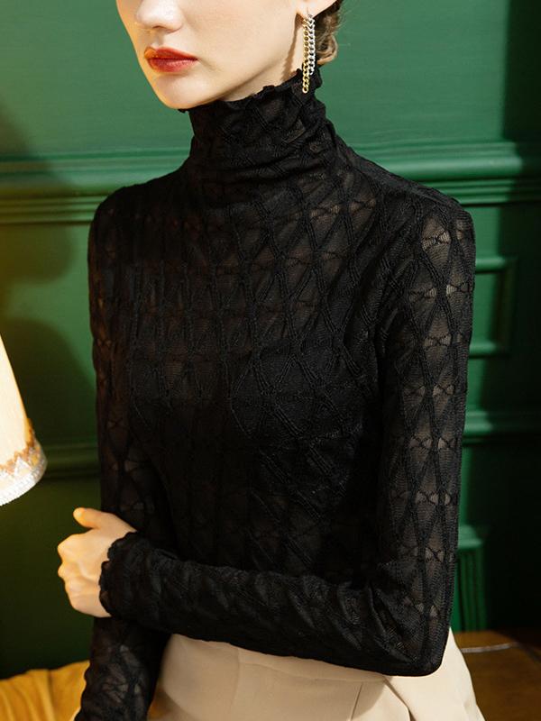 Stylish Lace Skinny Falbala Checkered High-Neck T-Shirts Tops Product Image