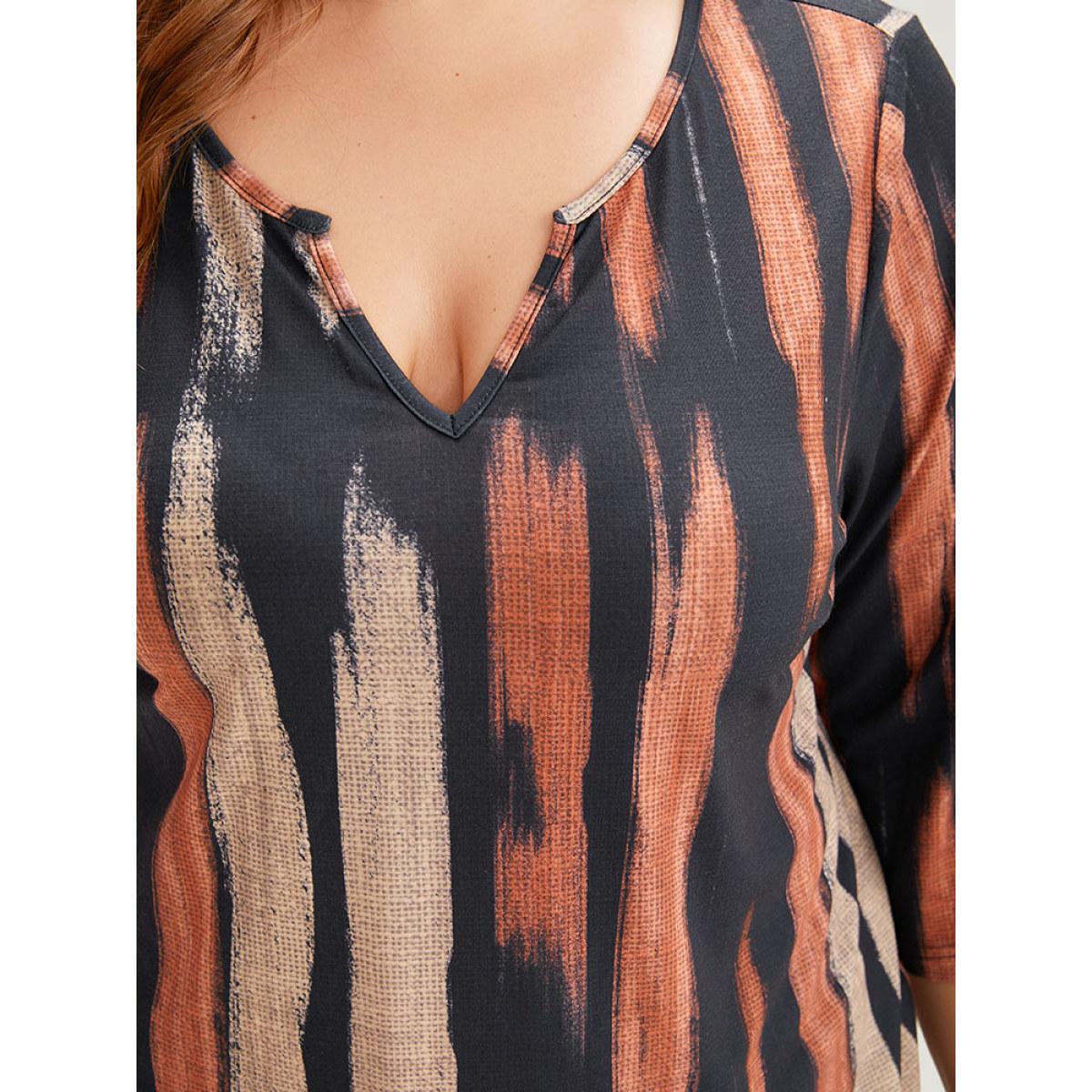 Plus Size Brush Print Notched Three Quater Length Sleeve T-shirt Multicolor Women Casual Printed Colorblock Notched collar Dailywear T-shirts BloomChic 10/M Product Image