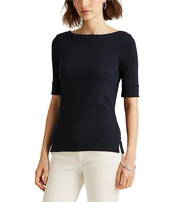 Lauren Ralph Lauren Stretch Cotton Blend Boat Neck Short Rolled Sleeve Shirt Product Image