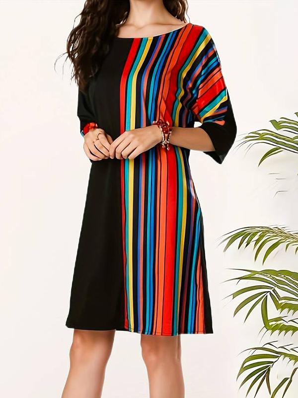 A-Line Half Sleeves Asymmetric Contrast Color Striped Round-Neck Mini Dresses Product Image