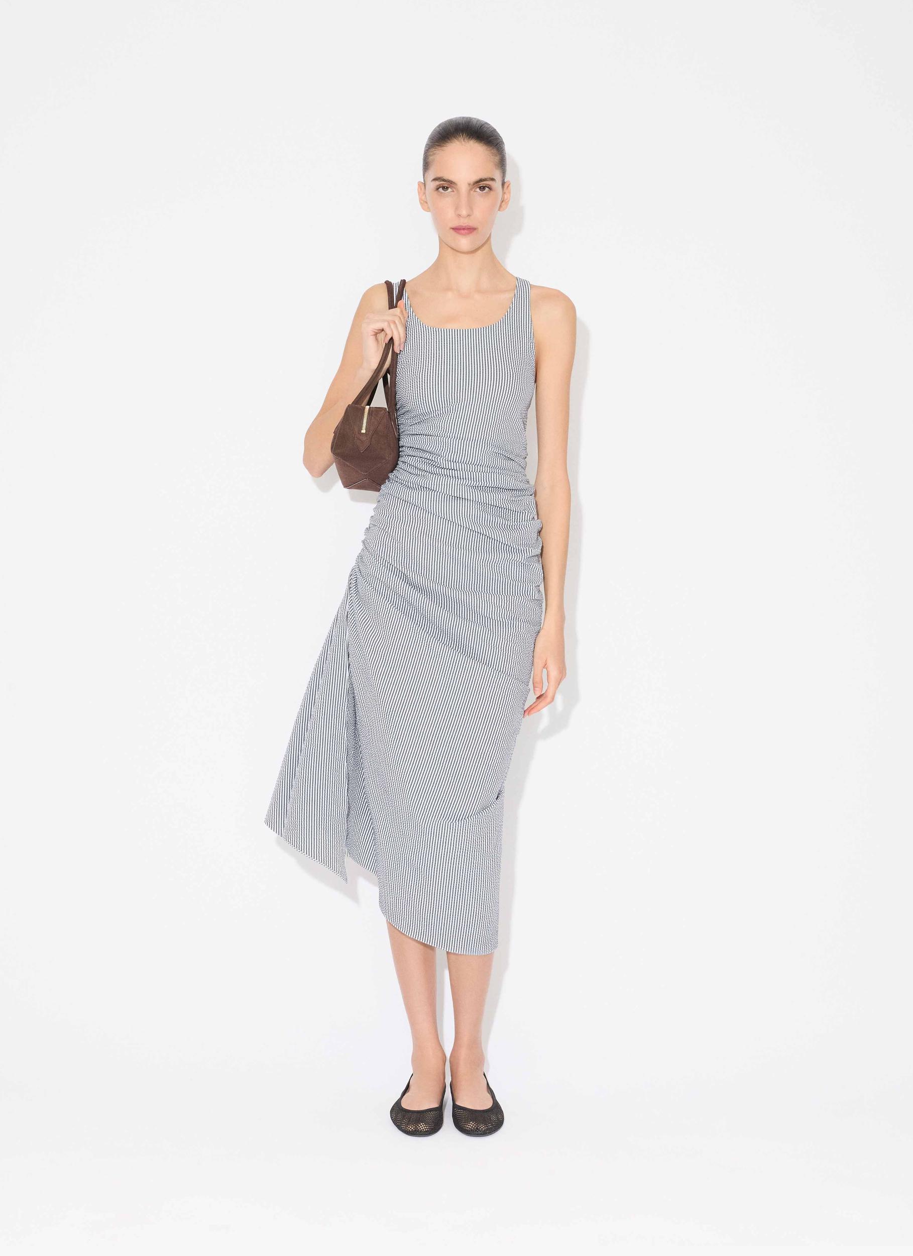 WHITE/BLUE STRIPED SEERSUCKER GATHERED DRESS Product Image