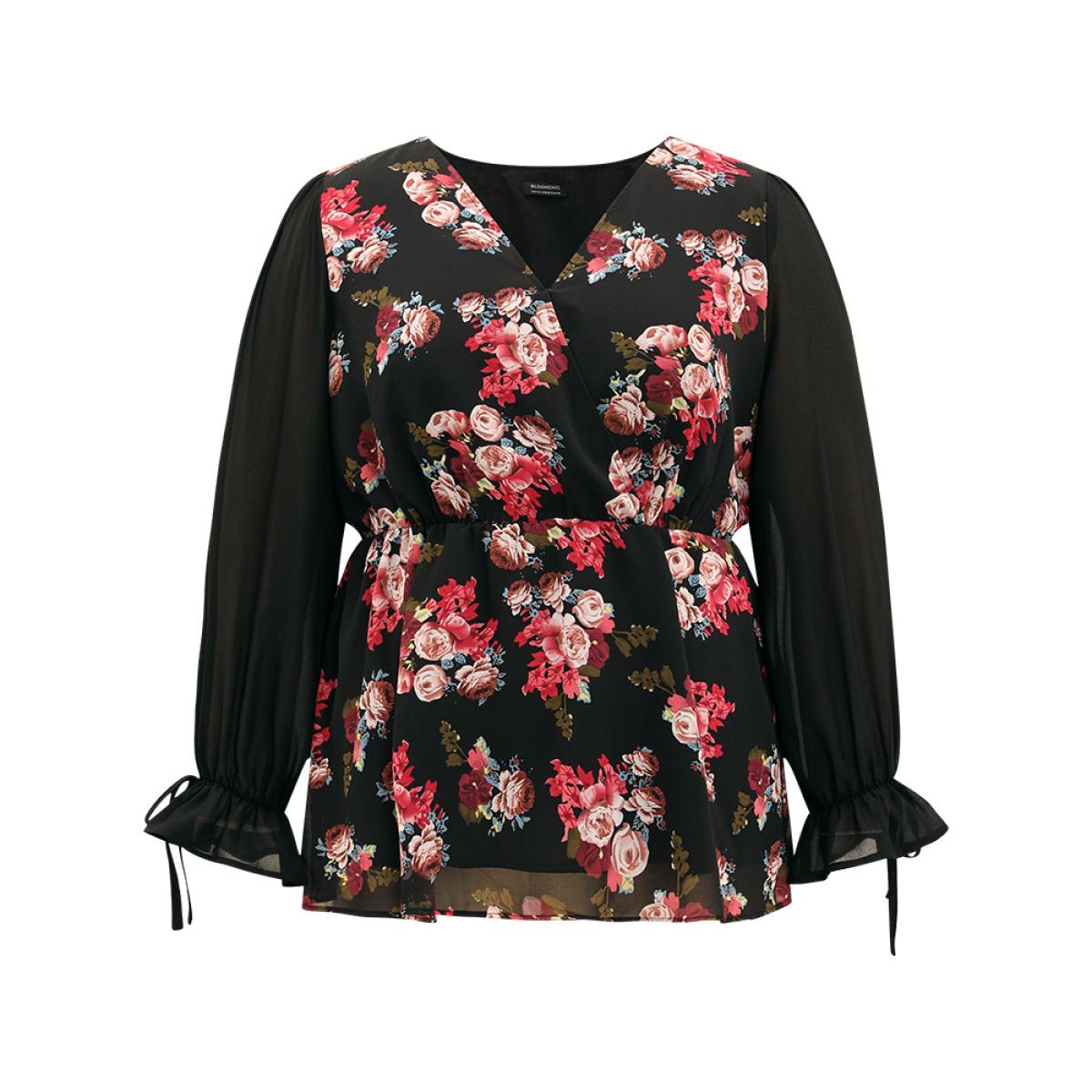 Plus Size Black Floral Print Patchwork Wrap Ties Lantern Sleeve Blouse Women Elegant Long Sleeve V-neck Dailywear Blouses BloomChic 30/6X Product Image
