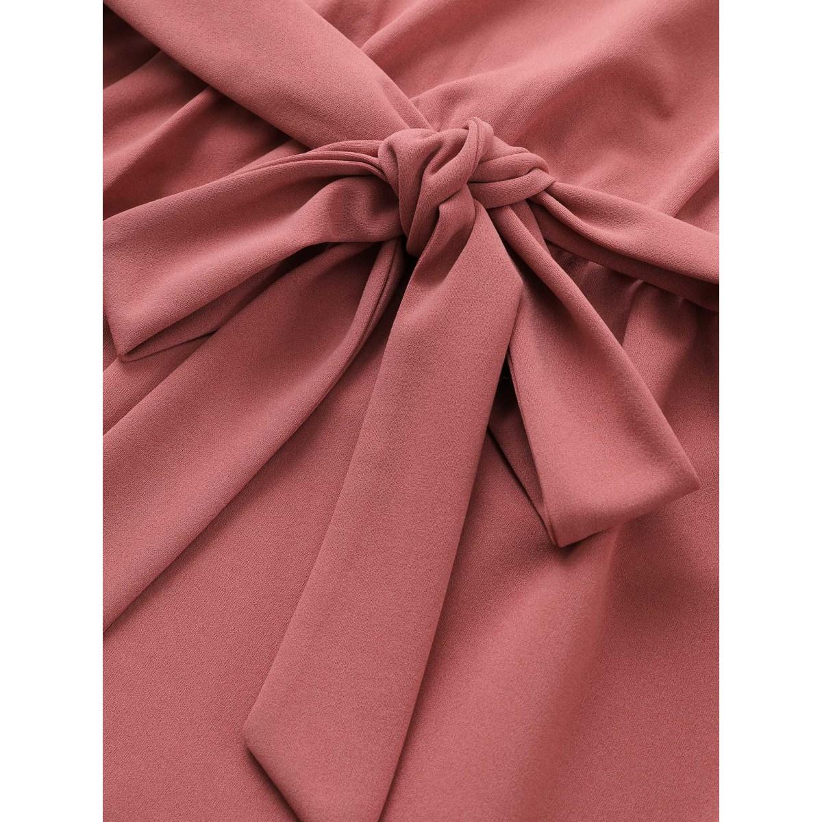 Plus Size DustyPink Asymmetrical Neck Belted Lantern Sleeve Blouse Women Work From Home Long Sleeve Asymmetrical Neck Work Blouses BloomChic 28/5X Product Image