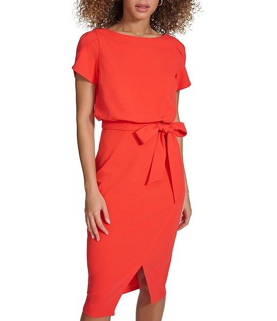 Kensie Scuba Crepe Boat Neck Short Sleeve Tie Waist Wrap Blouson Midi Dress Product Image