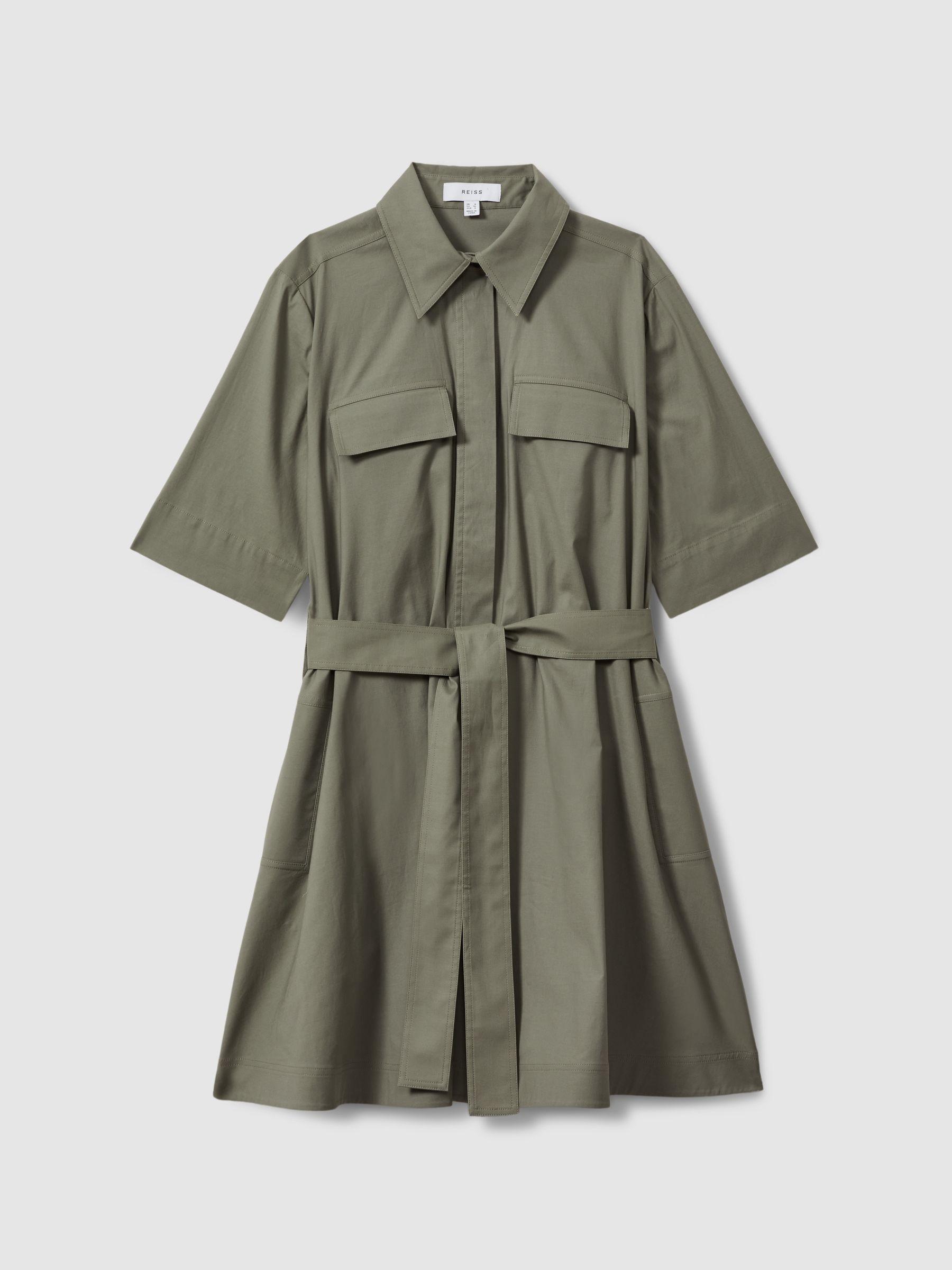 Pleated Belted Mini Dress in Khaki Product Image