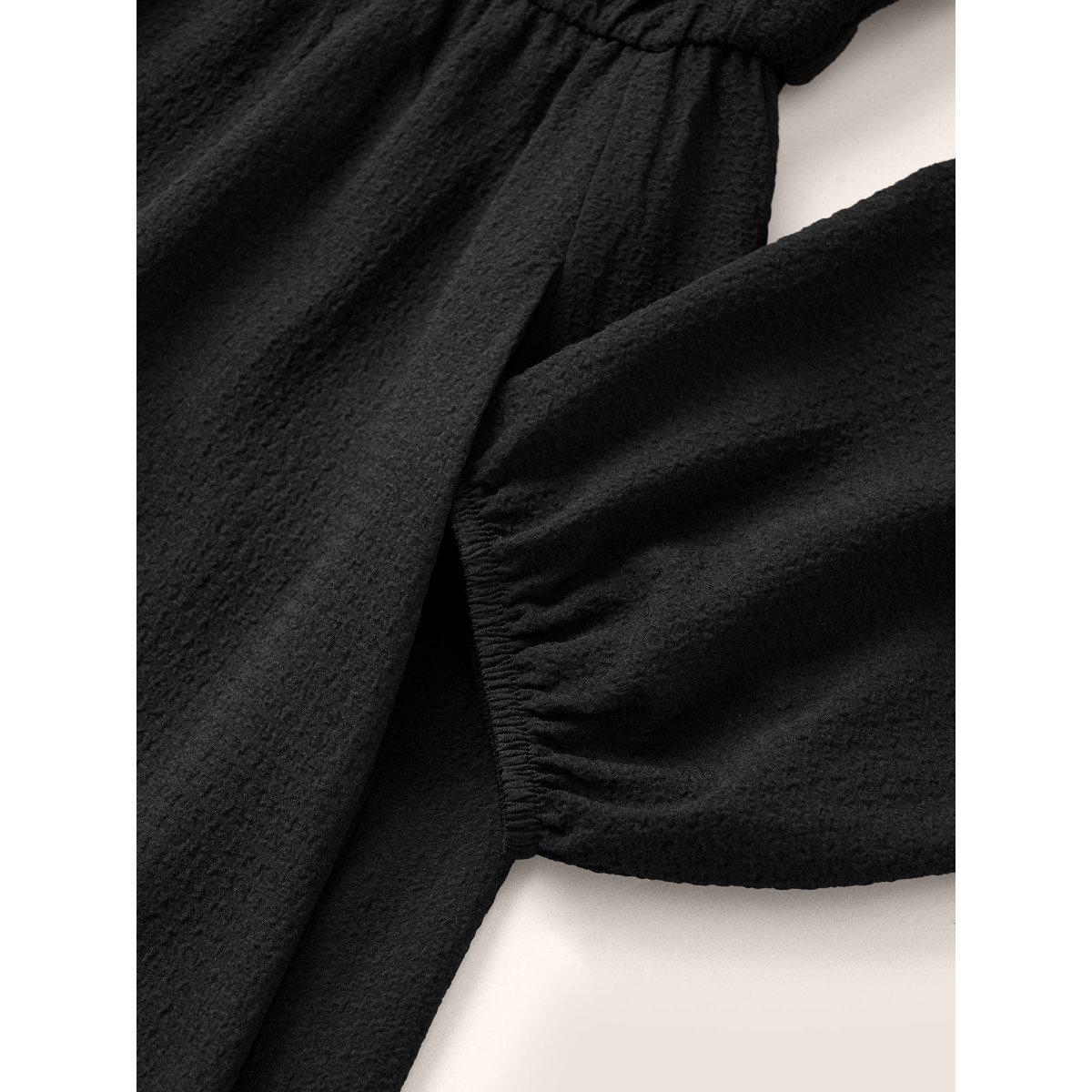 Plus Size Hollow Out Lantern Sleeve Flutter Layered Hem Dress Black Women At the Office Non V-neck Long Sleeve Curvy Midi Dress BloomChic 10/M Product Image