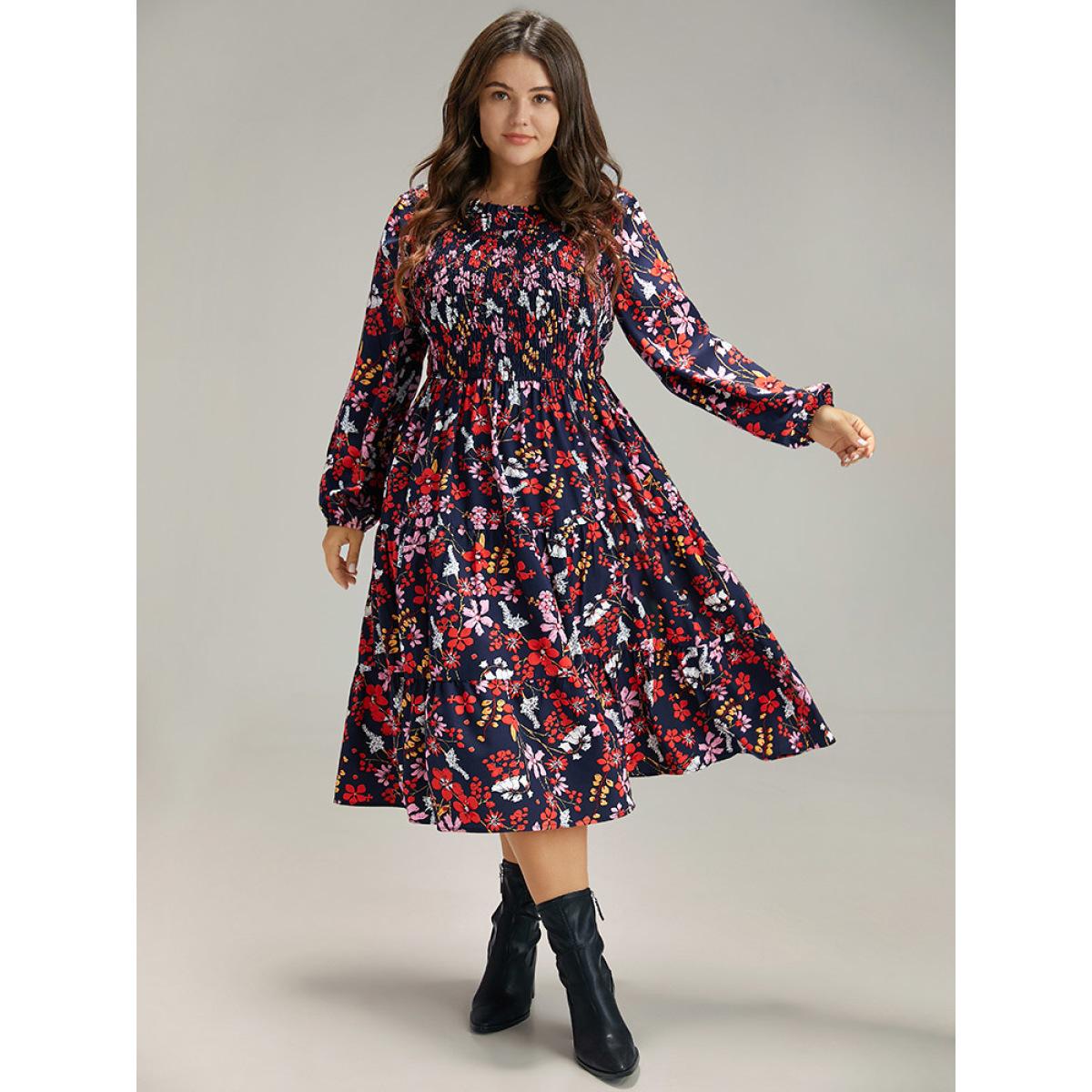 Plus Size Floral Print Keyhole Shirred Dress DarkBlue Women Elegant Elastic cuffs Mock Neck Long Sleeve Curvy Midi Dress BloomChic 14-16/1X Product Image