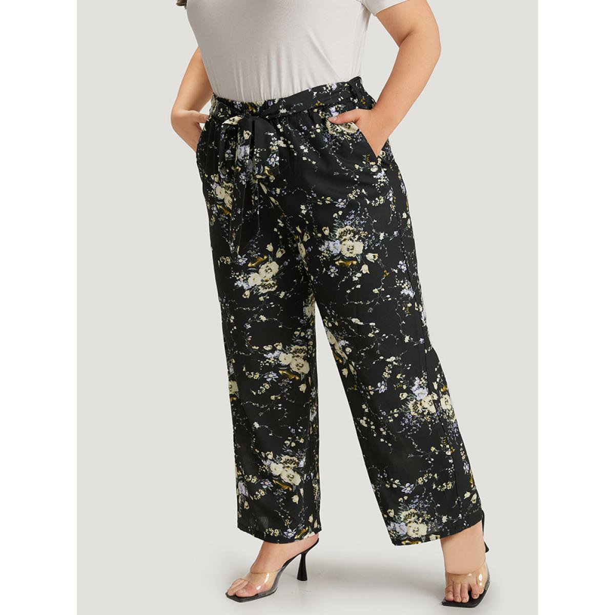 Plus Size Floral Print Pocket Belted Pants Women Multicolor Elegant High Rise Dailywear Pants BloomChic 10/M Product Image