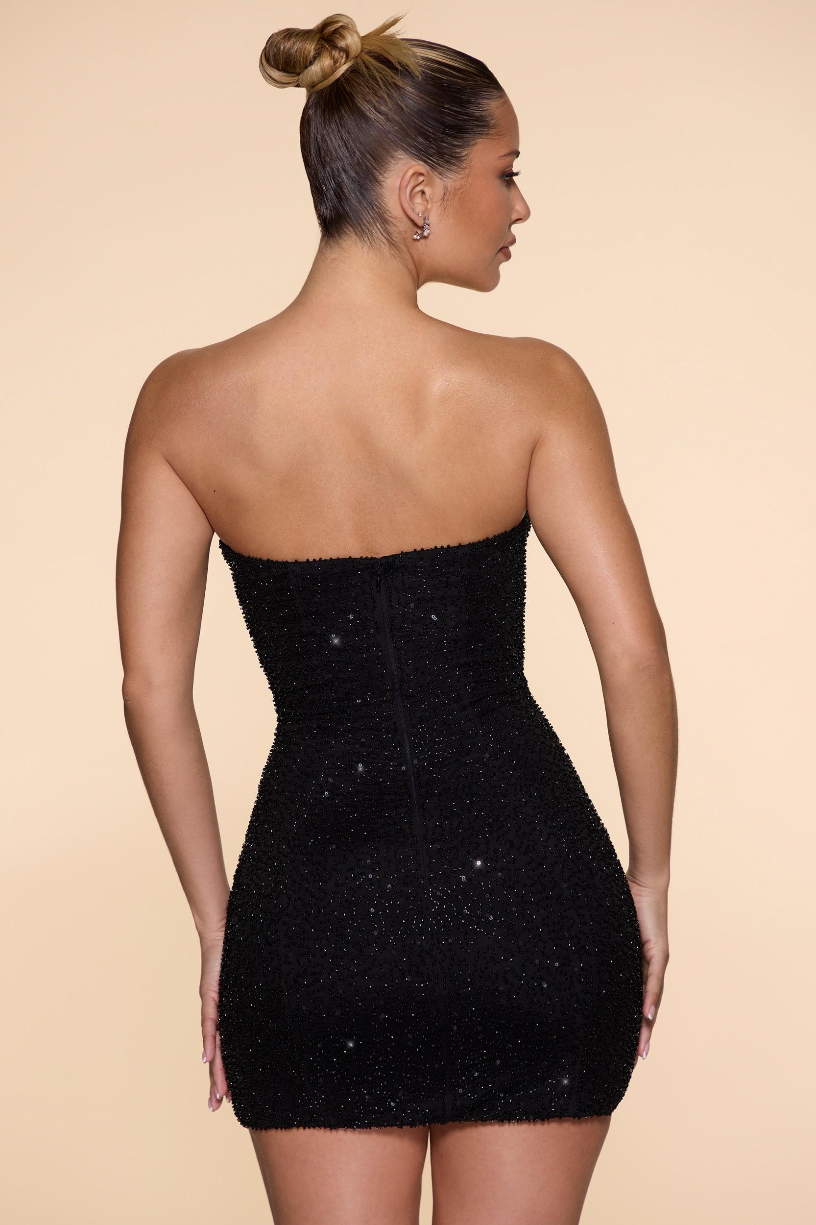 Embellished Strapless Cowl Neck Mini Dress in Black Product Image