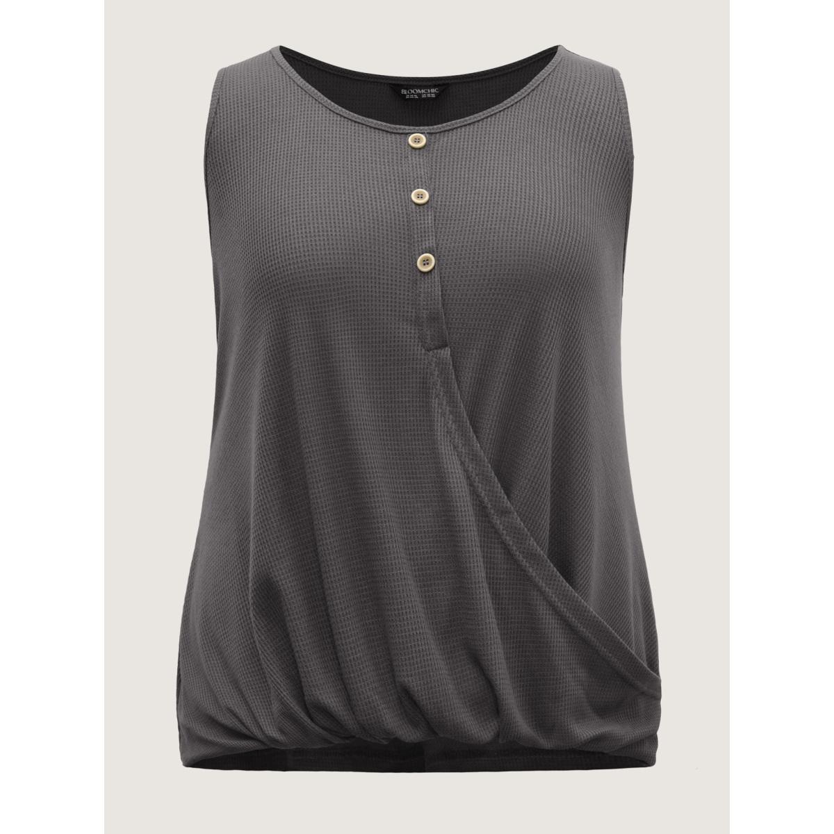 Plus Size Waffle Bubble Hem Buttons Tank Top Women DimGray Leisure Overlapping Round Neck Casual Tank Tops Camis BloomChic 22-24/3X Product Image
