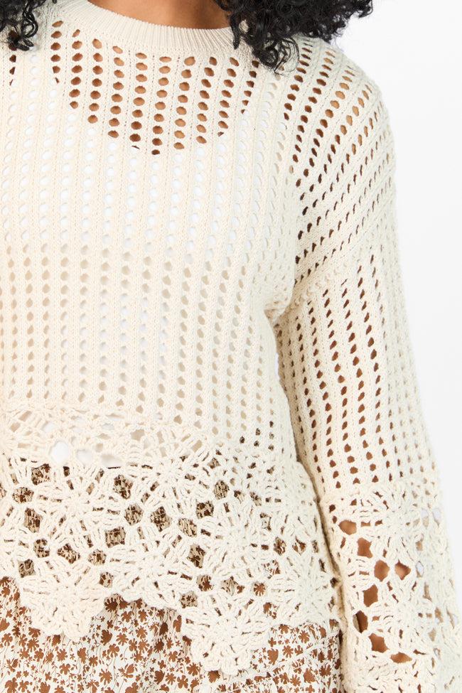 A Little Dramatic Crew Flower Trim Crochet Sweater FINAL SALE Product Image