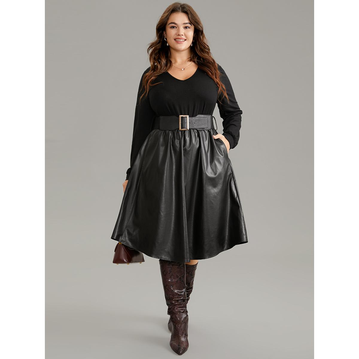 Plus Size PU Patchwork V Neck Dress With Belt Black Women Office Plain V-neck Long Sleeve Curvy Knee Dress BloomChic 26/4X Product Image