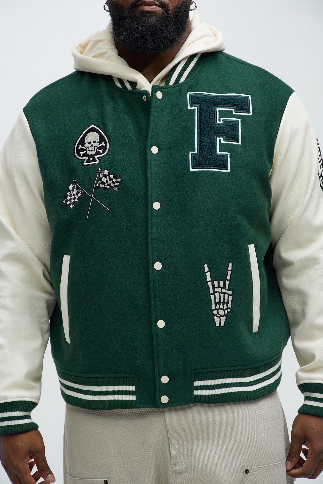 Biker Faux Leather Varsity Jacket - Green/combo Product Image