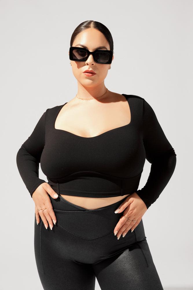 Sweetheart Long Sleeve Crop Top - Black Product Image