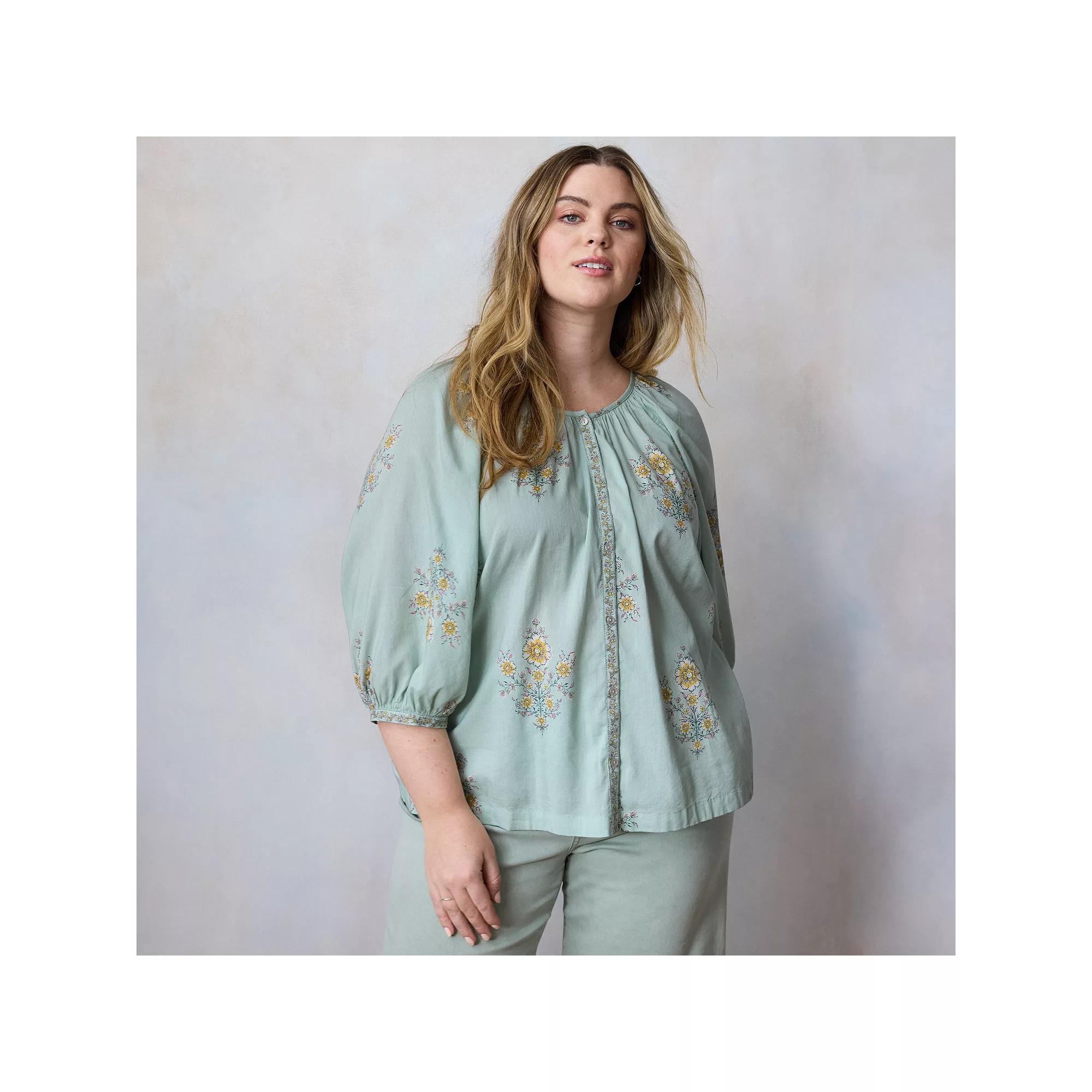 Plus Size LC Lauren Conrad Raglan Sleeve Button Front Peasant Top, Women's, Size: 1XL, Green Lexi Wallpaper Product Image