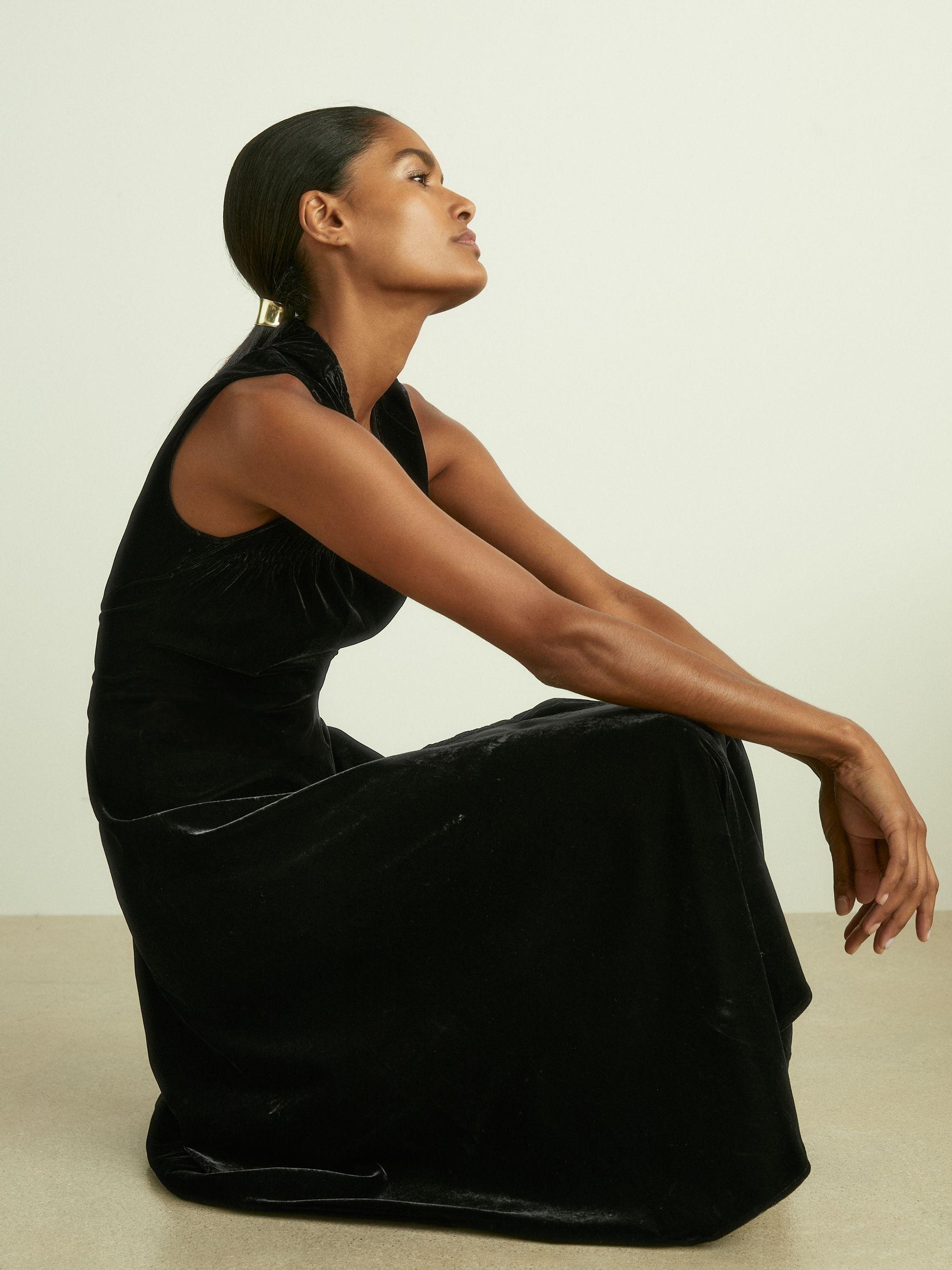 Velvet Shirred Panel Midi Dress in Black Product Image