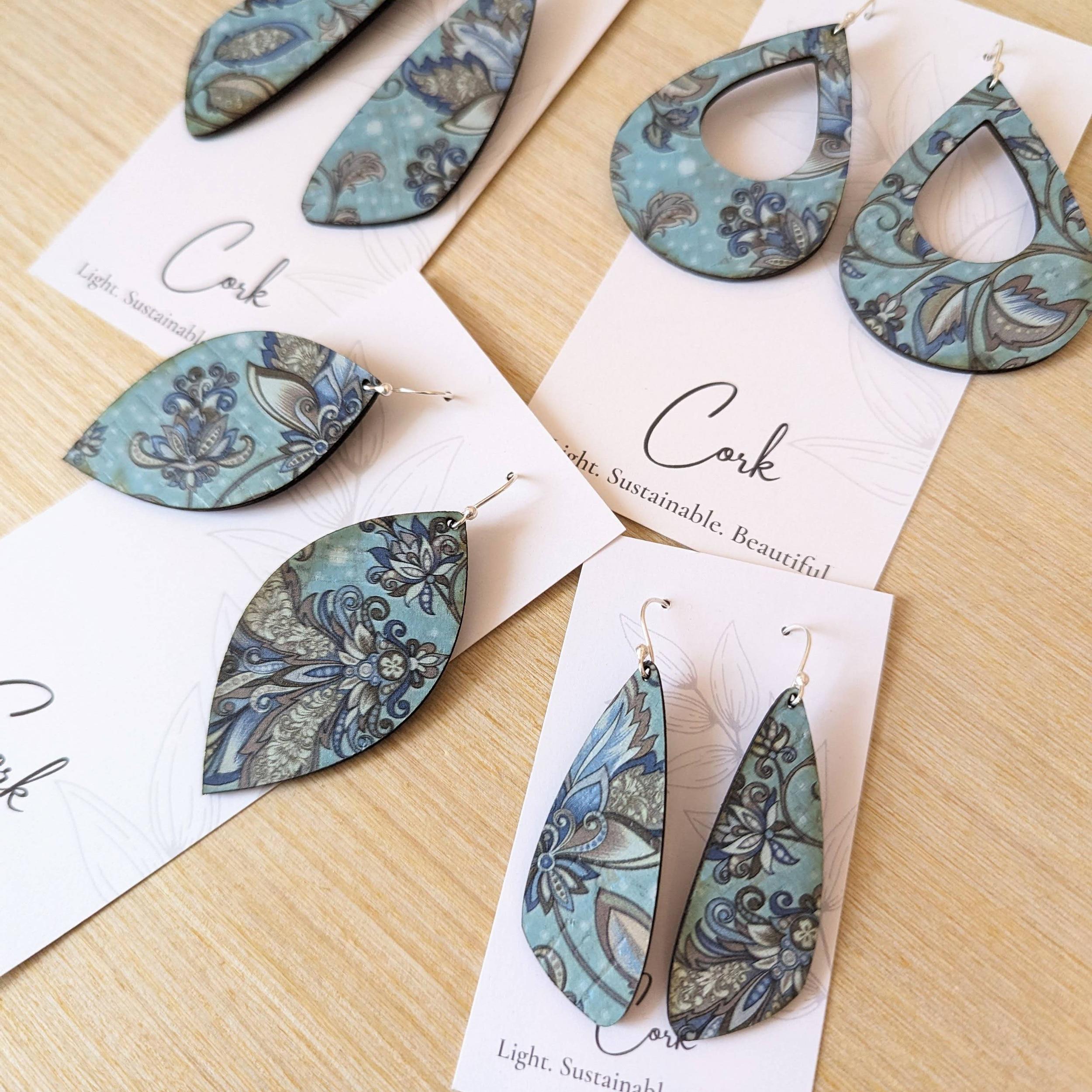 Olive and Teal Floral Cork Earrings - Leaf: Sterling Silver Product Image