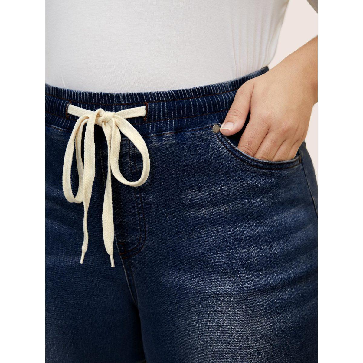 Plus Size Light Wash Drawstring Cropped Wide Leg Jeans Women Denimindigo Casual Drawstring High stretch Slanted pocket Jeans BloomChic 26/4X Product Image