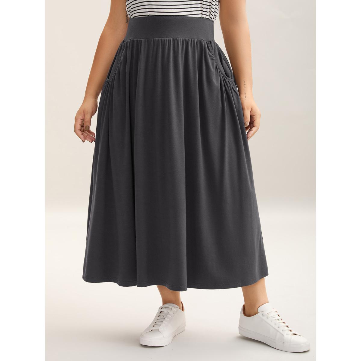 Plus Size Supersoft Wide Waistband Pleated Plain Midi Skirt Women DimGray Elegant Gathered Medium stretch Slanted pocket Everyday Skirts BloomChic 26/4X Product Image