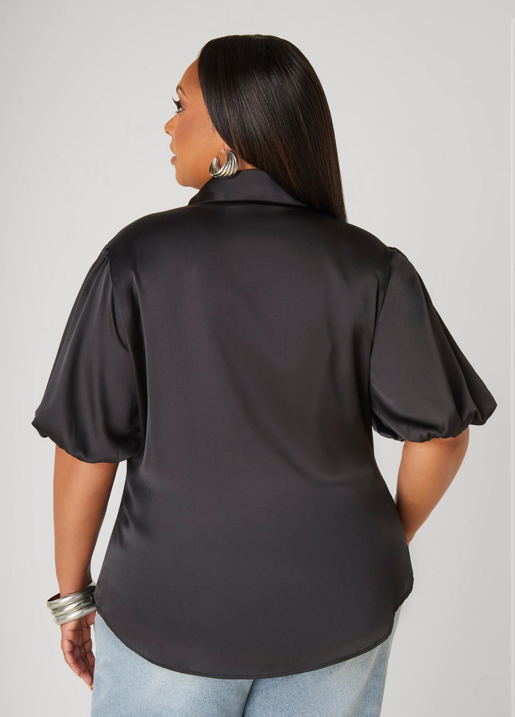 Plus Size Ruched Satin Shirt Ashley Stewart Product Image