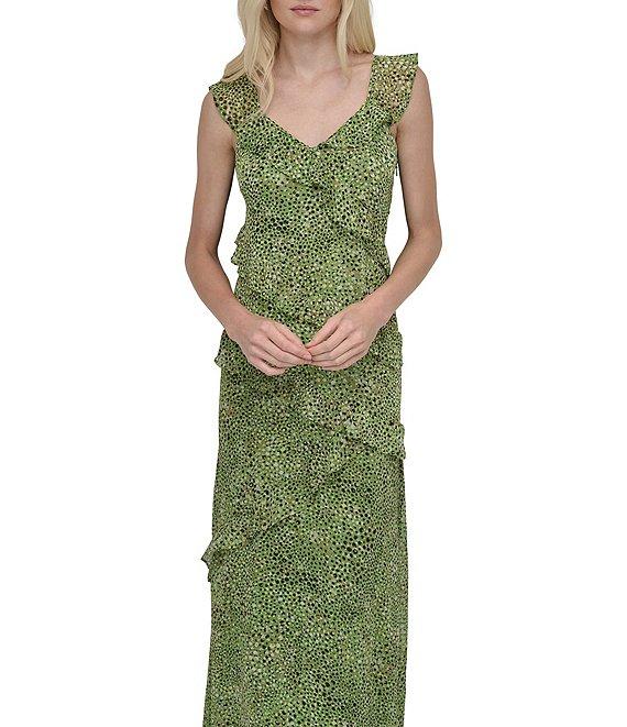 DKNY by Donna Karan Chiffon Dotted Print V Neck Sleeveless Ruffle Sheath Dress Product Image