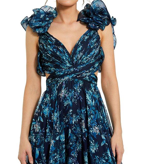Mac Duggal Floral Chiffon V-Neck Sleeveless Ruffle Shoulder Side Cut-Out Gown Product Image