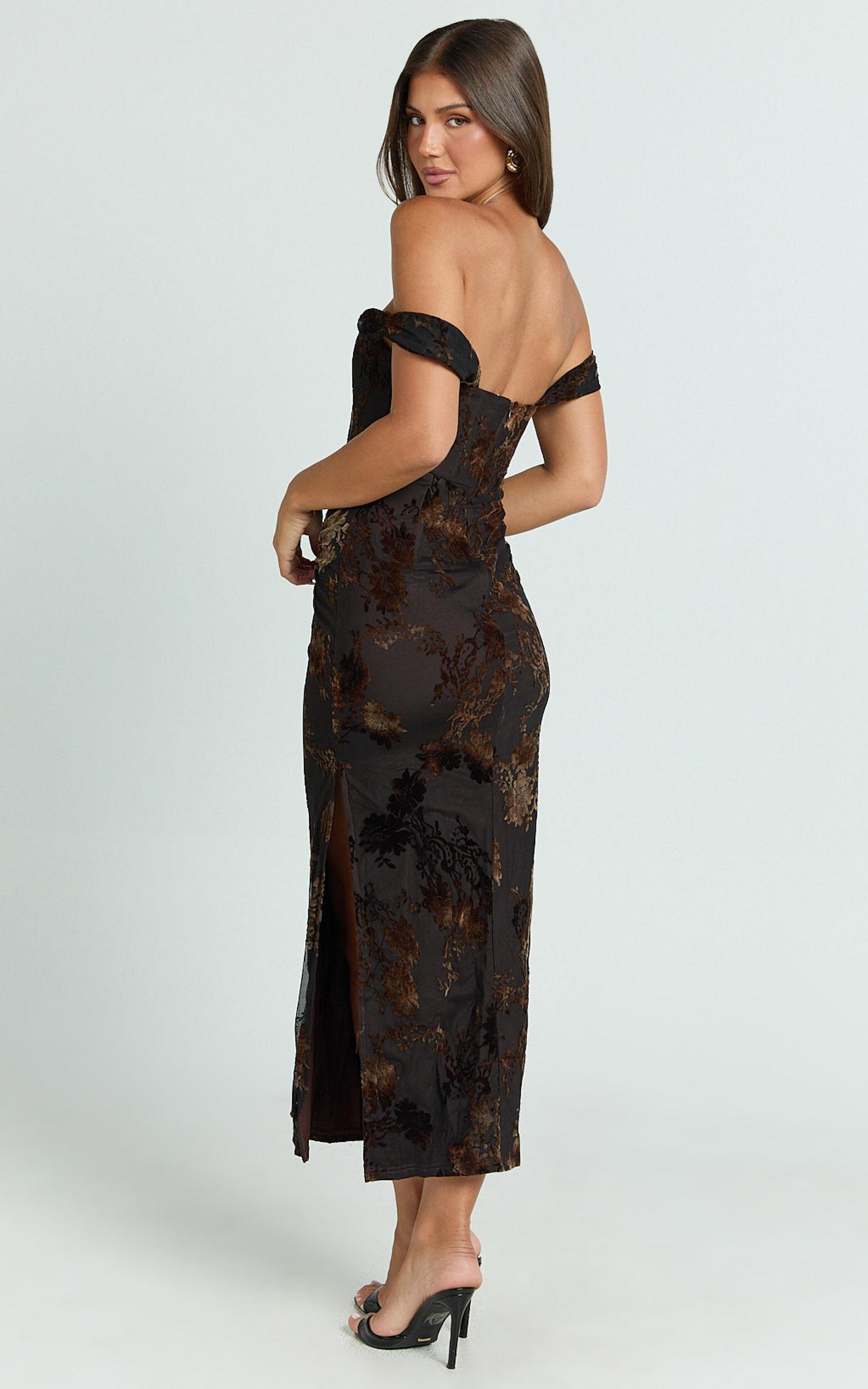 Karlene Midi Dress - Ruched Corset Burnout Dress in Black and Brown Product Image