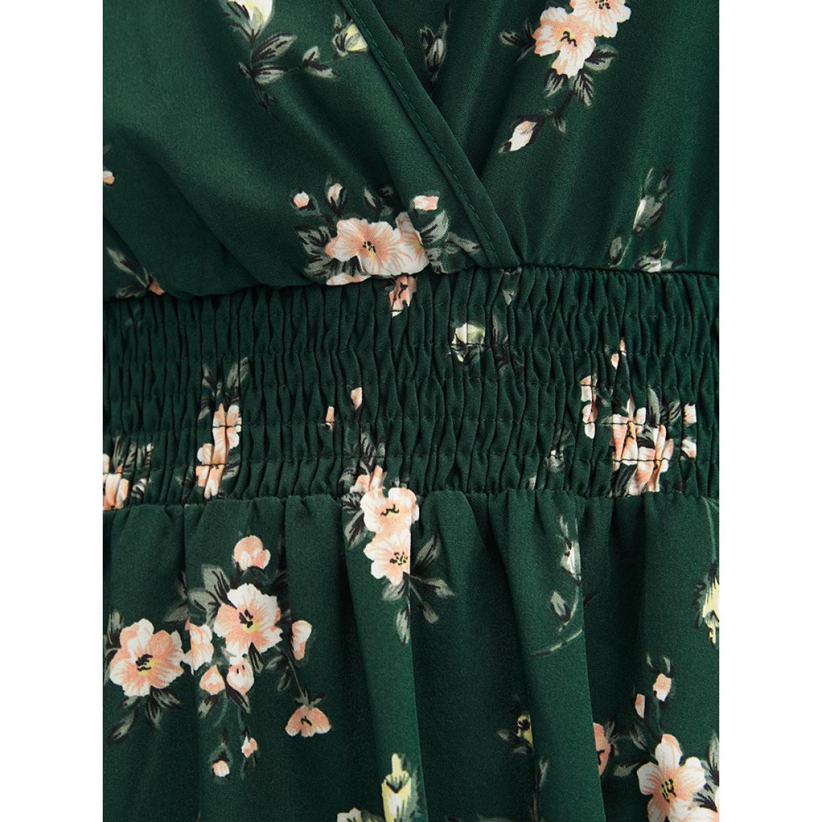 Plus Size Floral Lantern Sleeve Pocket Wrap Shirred Dress Without Hat DarkGreen Women Elegant Pocket V-neck Long Sleeve Curvy Midi Dress BloomChic 26/4X Product Image